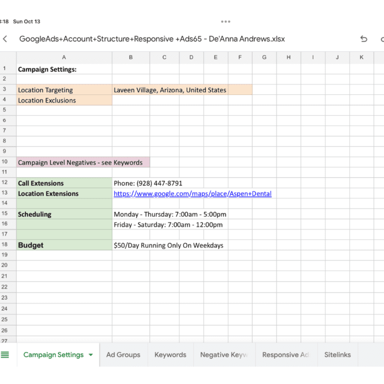 digital marketing PPC spreadsheet